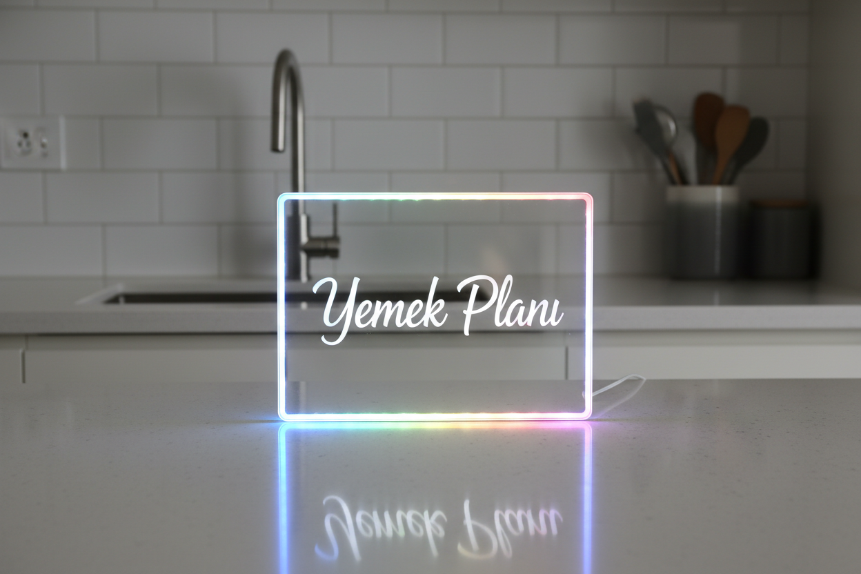 led ışıklı çizim tahtası olsun. yemek planı yazsın üzerinde 20x20 cm çerçvede bir mutfak tezgahı üzerinde dursun